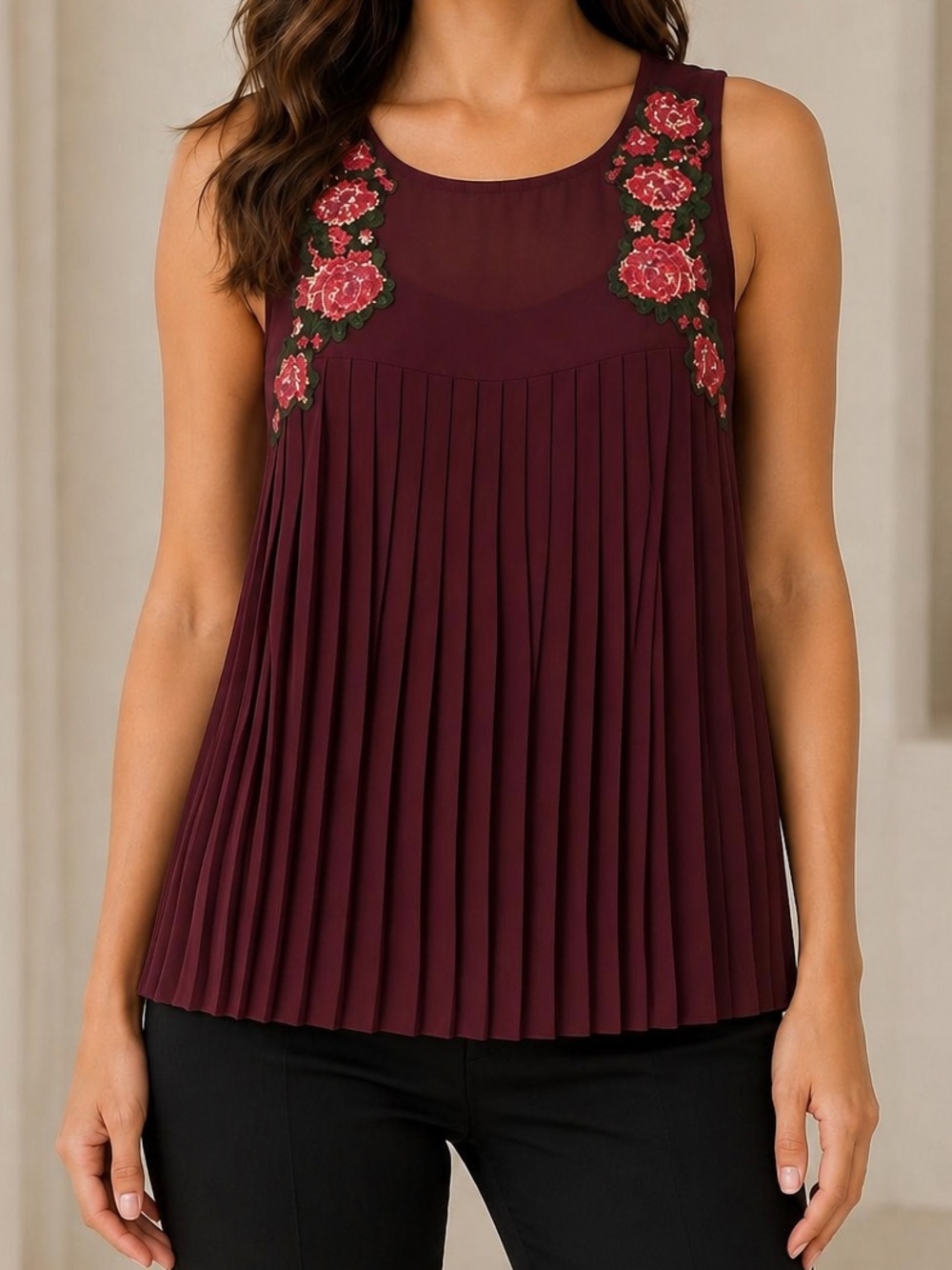 American Eagle Burgundy Floral Embroidered Pleated Blouse Size Small